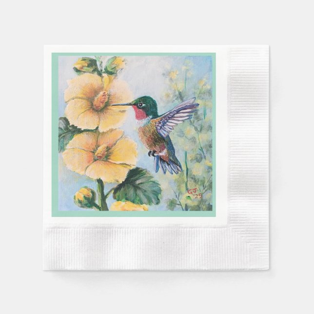 Servilleta De Papel Hummingbird & Hollyhocks Papel y toallas de tela (Anverso)