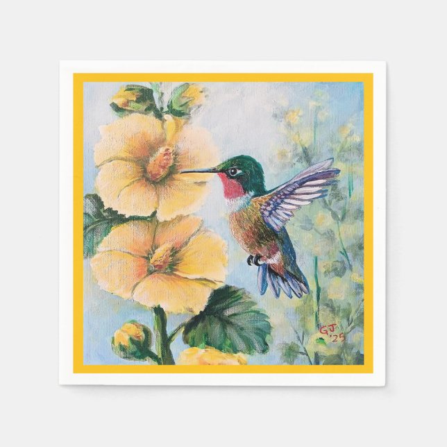 Servilleta De Papel Hummingbird & Hollyhocks Papel y toallas de tela (Anverso)