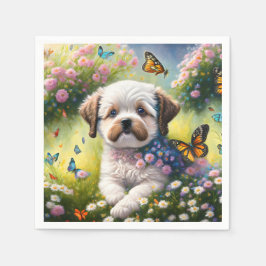 Servilleta De Papel Hund in Blumenwiese mit Schmetterlingen