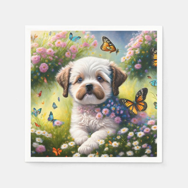 Servilleta De Papel Hund in Blumenwiese mit Schmetterlingen (Anverso)