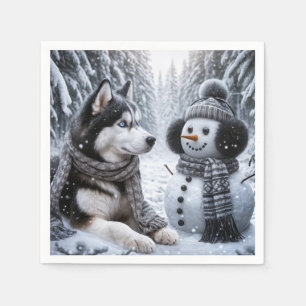 Servilleta De Papel Husky y Snowman en Winter Woods