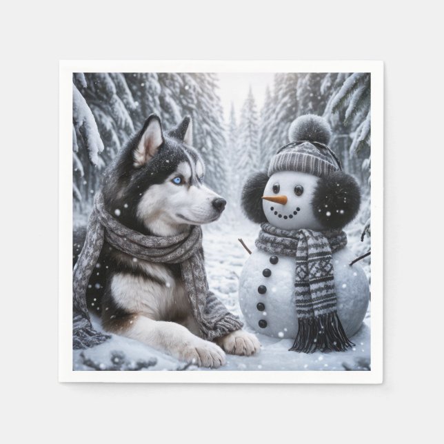 Servilleta De Papel Husky y Snowman en Winter Woods (Anverso)