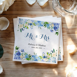 Servilleta De Papel Hydrangea Azul Aquarela Floral Boda Sr y Sra