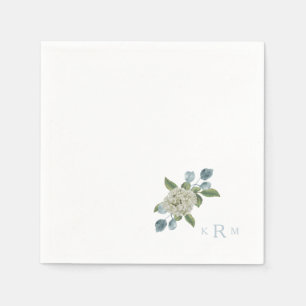 Servilleta De Papel Hydrangea Monograma Cocktail Blanco y Azul