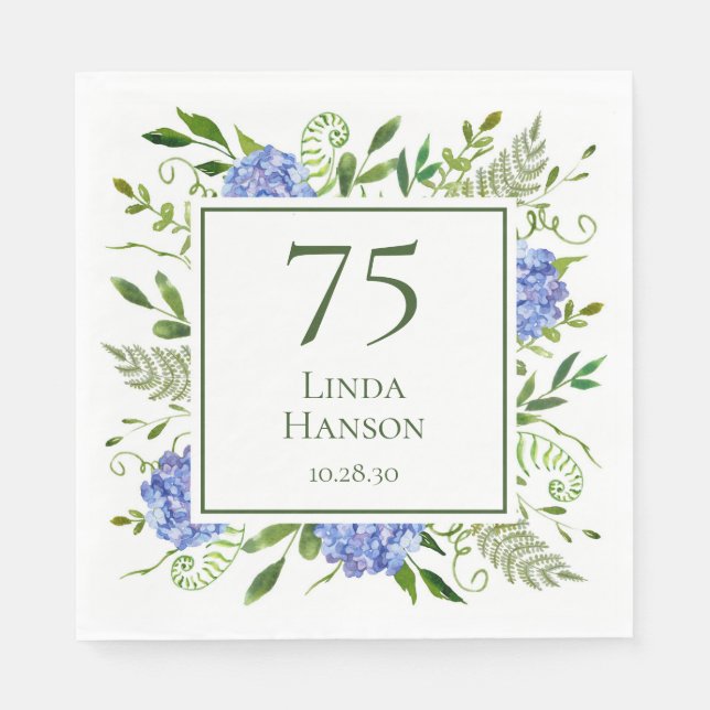 Servilleta De Papel Hydrangeas Azules Cumpleaños 75 (Anverso)