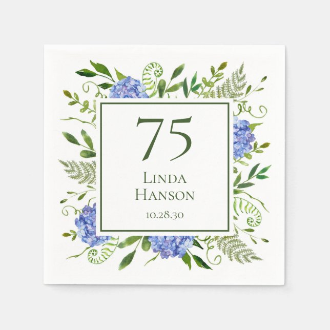 Servilleta De Papel Hydrangeas Azules Cumpleaños 75 (Anverso)