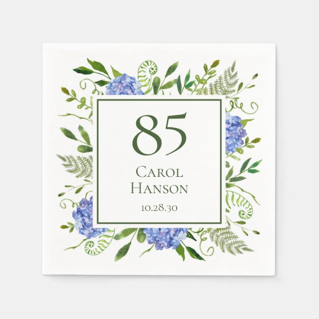 Servilleta De Papel Hydrangeas Azules para Cumpleaños 85 (Anverso)
