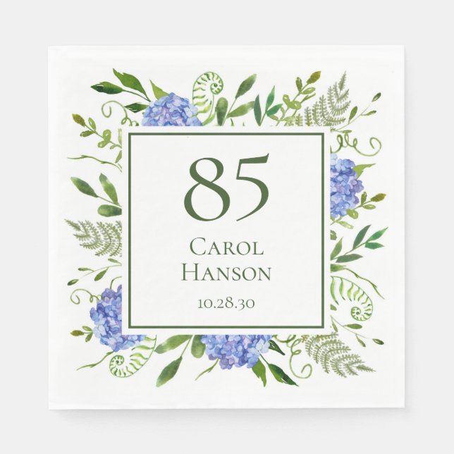 Servilleta De Papel Hydrangeas Azules para Cumpleaños 85 (Anverso)