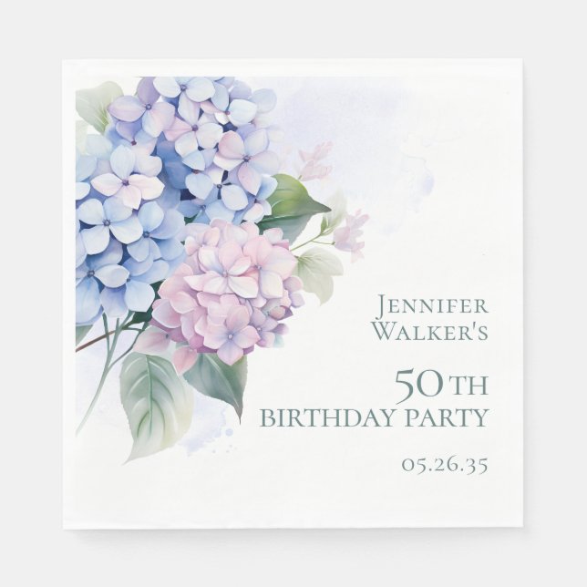 Servilleta De Papel Hydrangeas Azules Rosadas Cumpleaños 50 (Anverso)