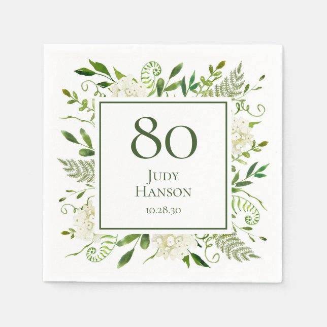 Servilleta De Papel Hydrangeas blancas para el 80 cumpleaños (Anverso)