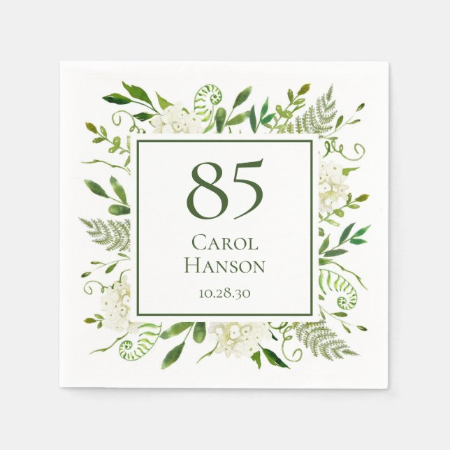 Servilleta De Papel Hydrangeas blancas para el 85 cumpleaños (Anverso)