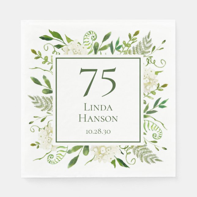 Servilleta De Papel Hydrangeas blancas por el 75 cumpleaños (Anverso)