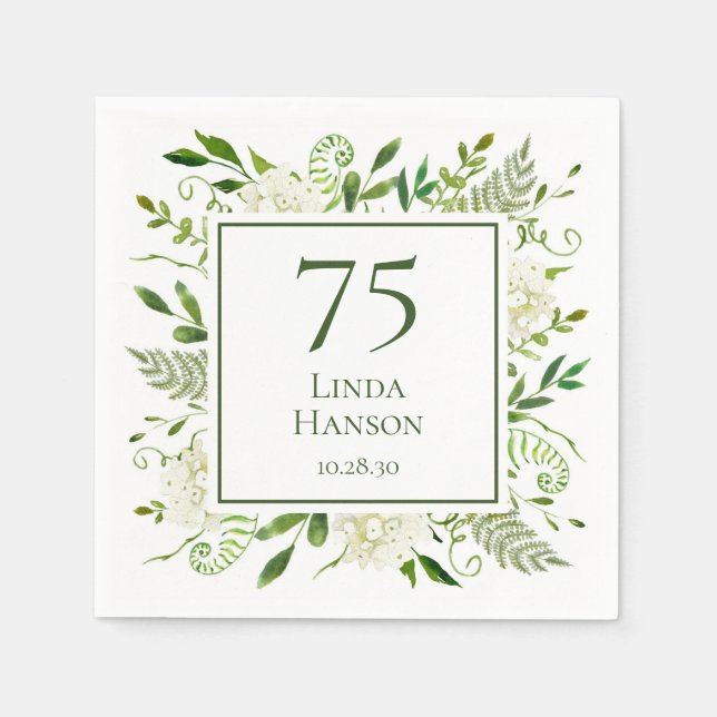 Servilleta De Papel Hydrangeas blancas por el 75 cumpleaños (Anverso)