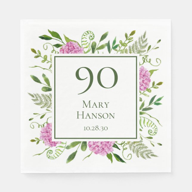 Servilleta De Papel Hydrangeas rosadas para el 90 cumpleaños (Anverso)