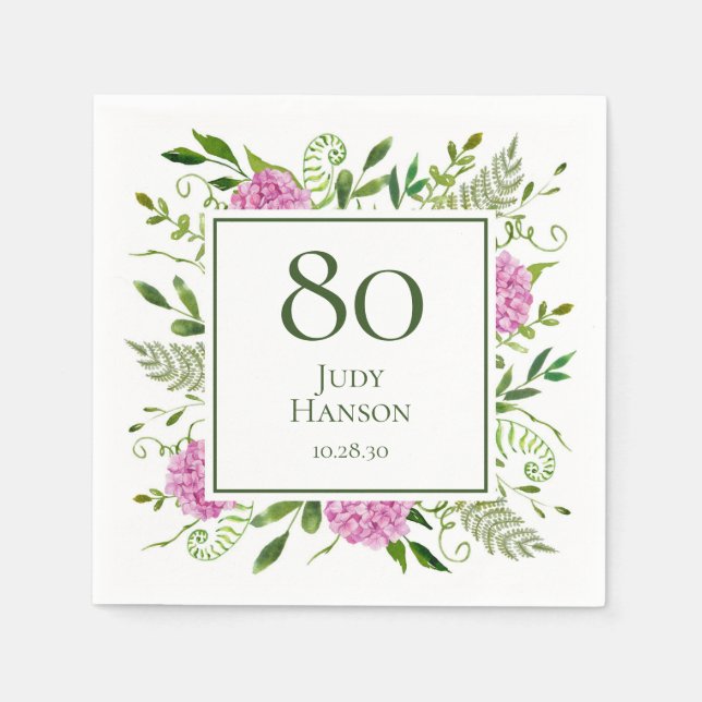 Servilleta De Papel Hydrangeas rosadas por el 80 cumpleaños (Anverso)
