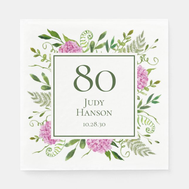 Servilleta De Papel Hydrangeas rosadas por el 80 cumpleaños (Anverso)