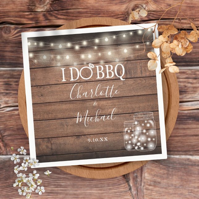 Servilleta De Papel I Do BBQ Rustic Mason Jar String Lights Engagement (Subido por el creador)