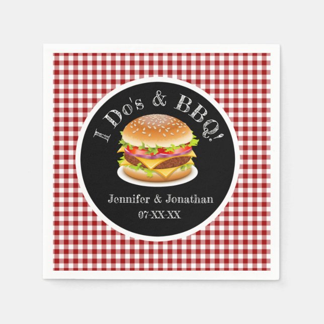 Servilleta De Papel I Do y BBQ Red Gingham Hamburger Casual Boda (Anverso)