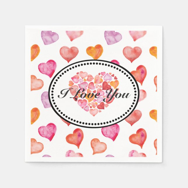 Servilleta De Papel I love you watercolor hearts (Anverso)
