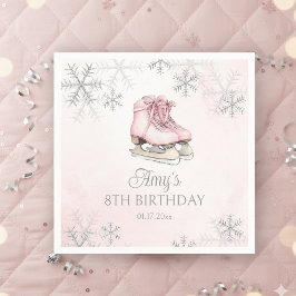 Servilleta De Papel Ice Skates Girl Birthday Pink Bow Silver Snowflake