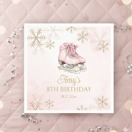 Servilleta De Papel Ice Skating Girl Birthday Pink Bow Gold Snowflakes