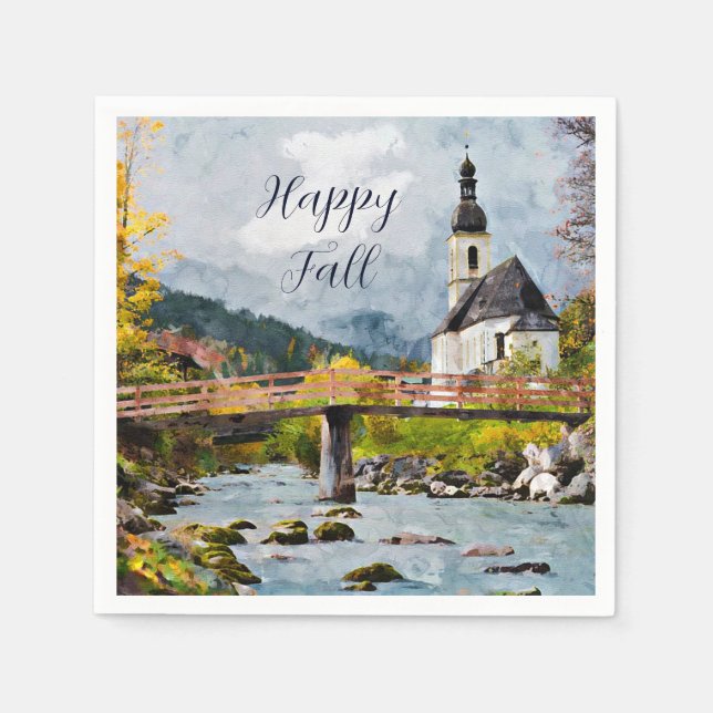 Servilleta De Papel Iglesia de otoño y árboles con texto personalizabl (Anverso)