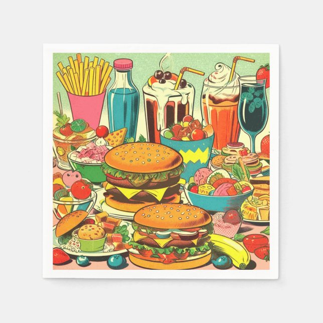 Servilleta De Papel Ilustracion de cómics de comida retro (Anverso)