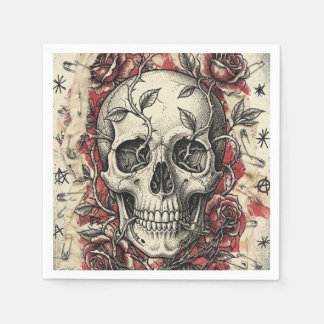 Servilleta De Papel Ilustración de Cráneo y Rosas Grunge Punk
