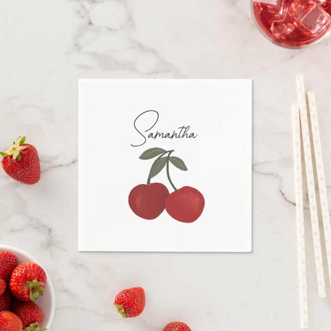 Servilleta De Papel Ilustración de Dos Cerezas Rojas | Arte de Frutas  (In situ)