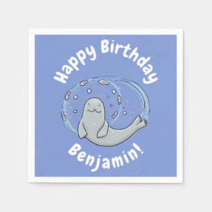 Servilleta De Papel Ilustracion de foca feliz y personalizado azul de 