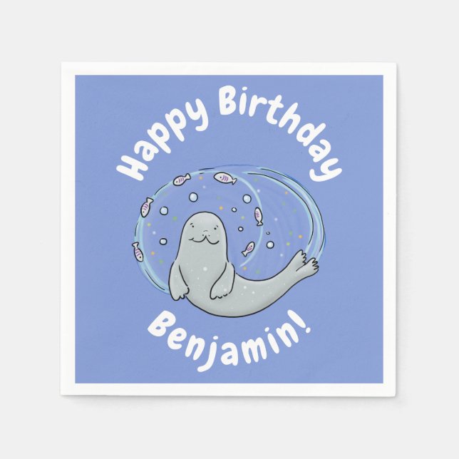 Servilleta De Papel Ilustracion de foca feliz y personalizado azul de  (Anverso)