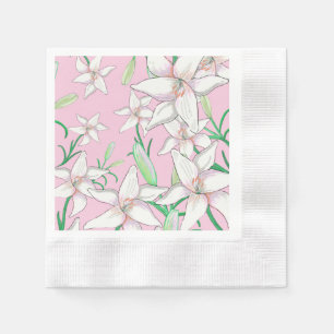 Servilleta De Papel Ilustración de Lirios Blancos sobre Fondo Rosa  