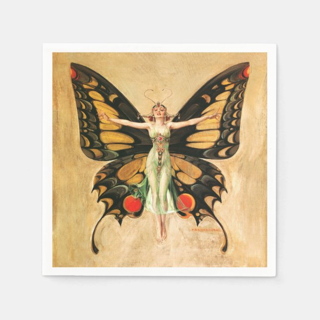 Servilleta De Papel Ilustración de Mujer Volando Mariposa Flapper (Anverso)
