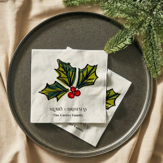 Servilleta De Papel Ilustracion de Navidades de la acuarela de Holly B (Holly Berries Watercolor Christmas Sketch Illustration Holiday Party Napkins)