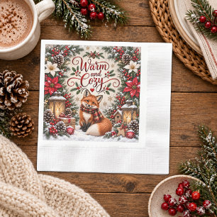 Servilleta De Papel Ilustración de zorro con piñas y bayas de invierno