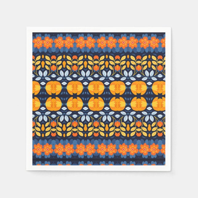 Servilleta De Papel Ilustracion floral retro negrita en Naranja (Anverso)