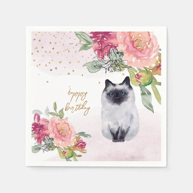 Servilleta De Papel Ilustracion gato siamés Fiesta feliz cumpleaños de (Anverso)