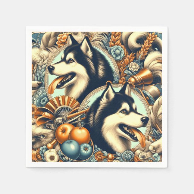 Servilleta De Papel Ilustracion Husky retro siberiano (Anverso)