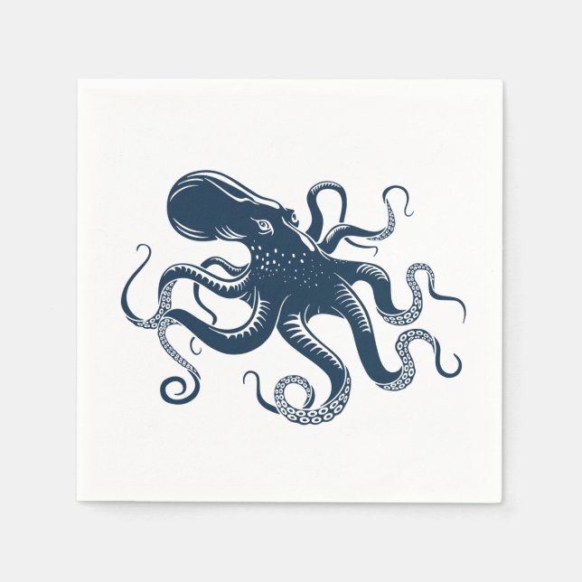 Servilleta De Papel Ilustracion náutico de pulpo azul marino (Anverso)