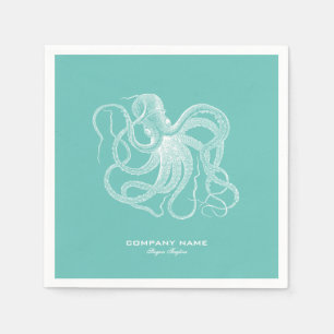 Servilleta De Papel Ilustracion náutico de pulpo blanco sobre azul-ver