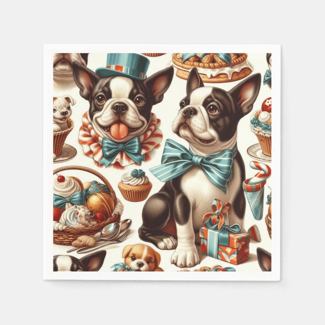 Servilleta De Papel Ilustracion Retro Cute Boston Terrier (Anverso)