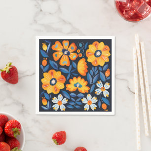 Servilleta De Papel Ilustracion retro floral negrita en Naranja y azul