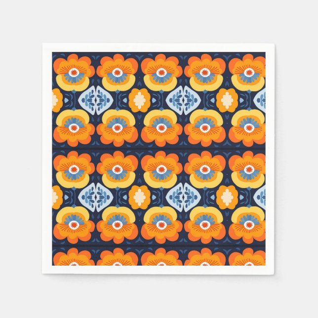Servilleta De Papel Ilustracion retro floral negrita en Naranja y azul (Anverso)