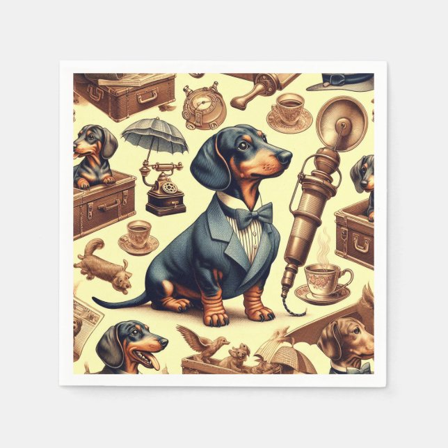 Servilleta De Papel Ilustracion Vintage Dachshund (Anverso)