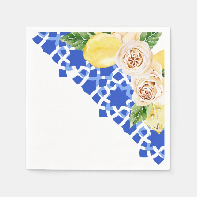 Servilleta De Papel Impresión de azulejos y limones mediterráneos de v (Anverso)