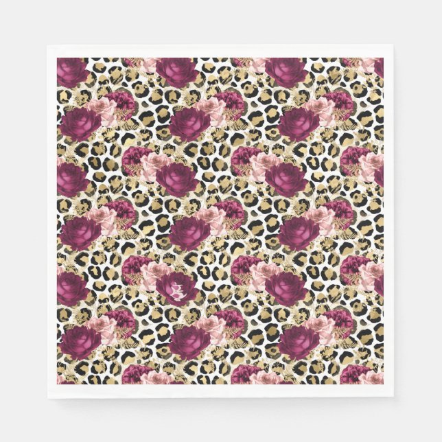 Servilleta De Papel Impresión de Leopardo Floral Rosa Girly Gold (Anverso)