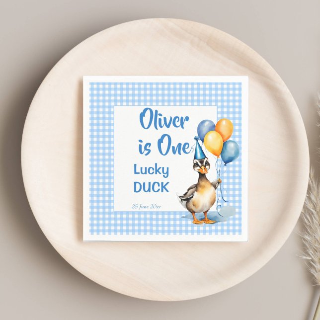 Servilleta De Papel Impresión de un cumpleaños de gingham azul de pato (One lucky duck blue gingham birthday party printed napkins template cute mallard duck balloons)