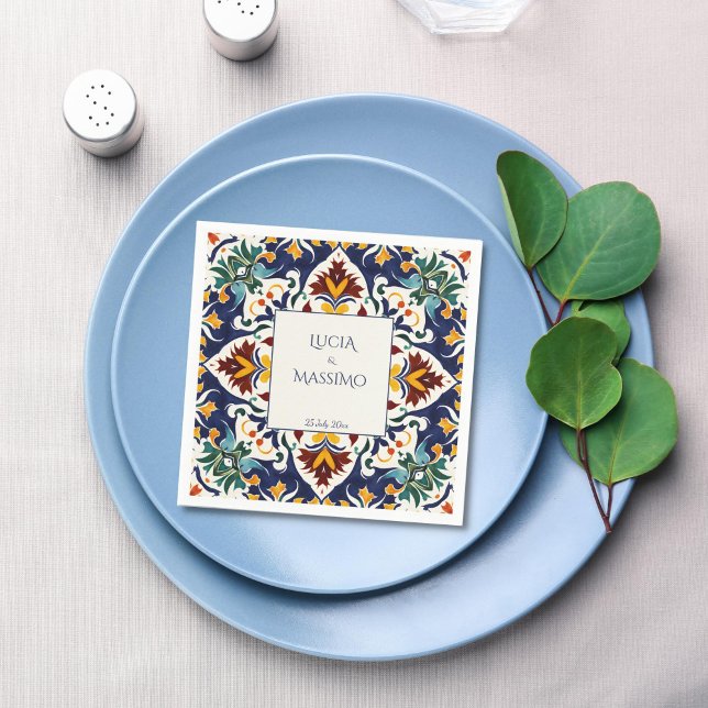 Servilleta De Papel Impresión del boda azul mediterráneo Azulejo (Azulejo blue Mediterranean tiles Morocco wedding monogram printed Napkins personalized decor)