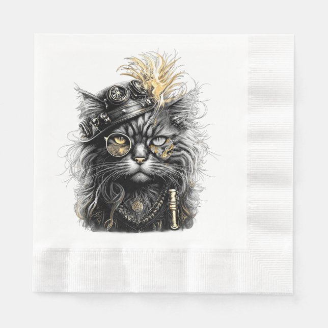 Servilleta De Papel Impresionante gato Steampunk  (Anverso)
