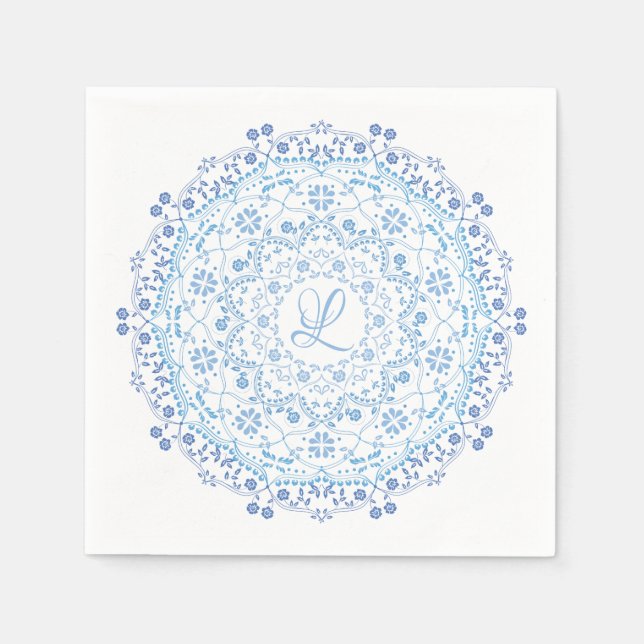 Servilleta de papel inicial editable Mandala azul (Anverso)